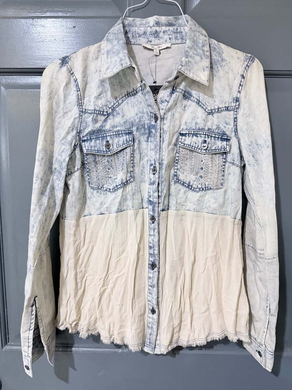 Miss Me Acid Wash Printed Denim Shirt Size S Embroidered Western